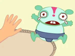 探究学習教材「なるほど！エージェント」のイラスト。土俵のふちで涙を流す緑色のキャラクター