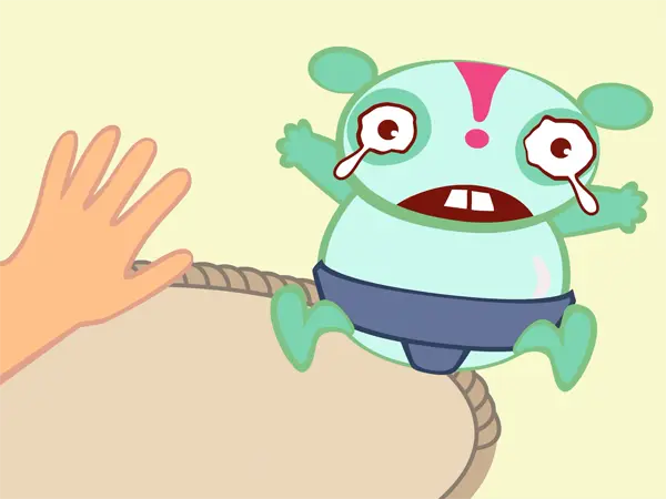 探究学習教材「なるほど！エージェント」のイラスト。土俵のふちで涙を流す緑色のキャラクター