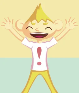 体の部分の名前を学ぶ探究教育の教材。両手を上げて笑うキャラクター