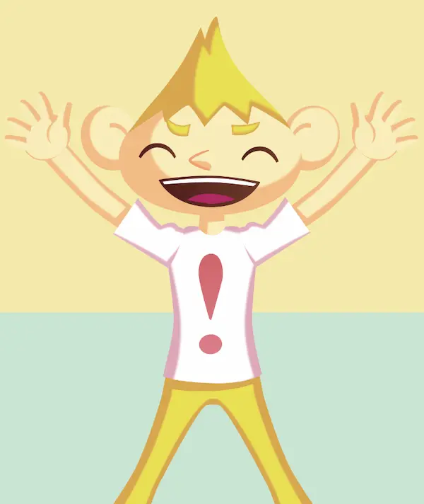 体の部分の名前を学ぶ探究教育の教材。両手を上げて笑うキャラクター