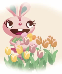 花の名前や特徴を探究学習で学ぶ教材。色とりどりの花を抱えたウサギのキャラクター