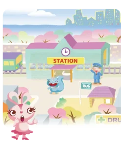 英語で道案内を考える探究教育の教材。STATIONと書かれた駅と駅員のイラスト