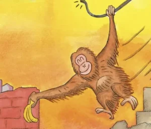 総合的な探究の時間にSDGs目標1「貧困をなくそう」を考える教材。枝につかまりバナナを差し出すオランウータン