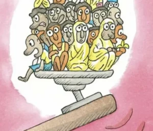 探究学習でSDGs目標10「人や国の不平等をなくそう」を考える教材。天秤の片側に多くの人が乗るイラスト