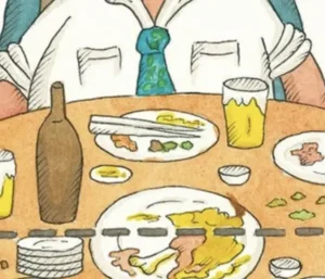 探究教育でSDGs目標12「つくる責任 つかう責任」を学ぶ教材。食べ残しの皿が並ぶ食卓を描いたイラスト