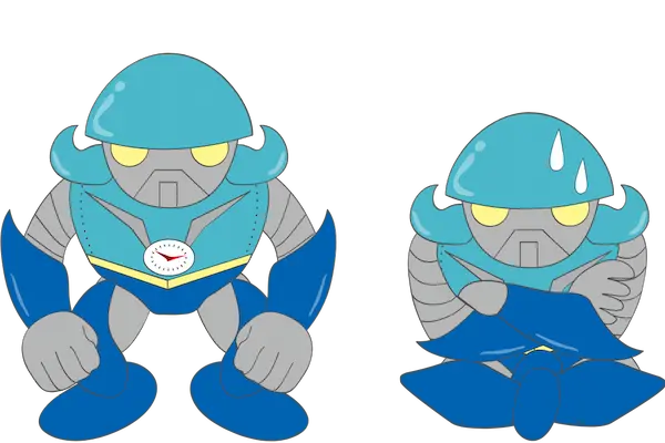 探究教育の教材「なるほど！エージェント」のブルー。青いロボットが立つ姿と腕を組んで座る姿