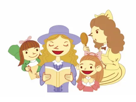 物語の人物や生き方を探究学習で考える「若草物語」。本や手鏡を持つ4姉妹のイラスト
